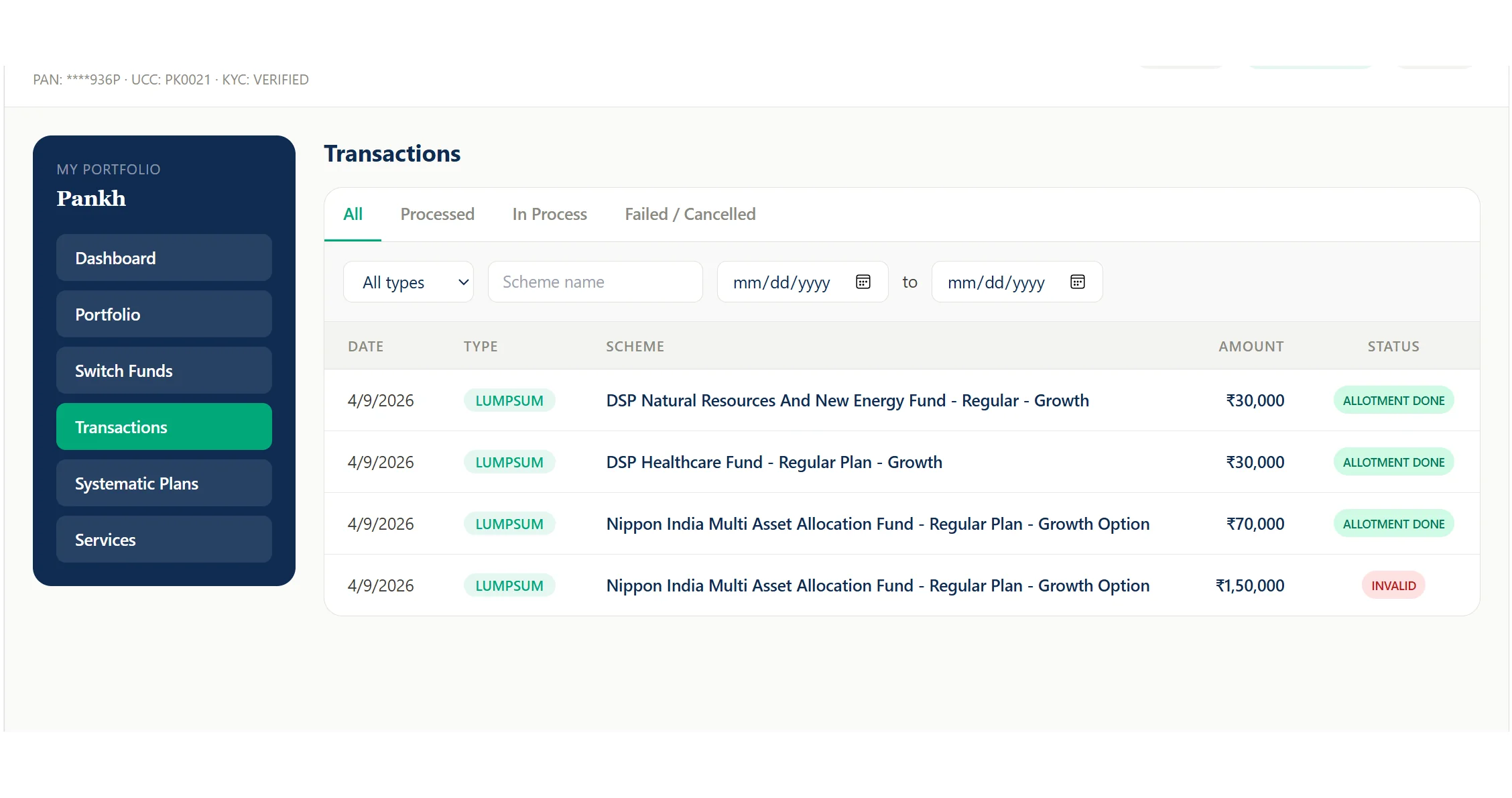 Transactions history — lumpsum and SIP orders with allotment status